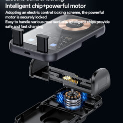 Suporte transparente para celular C307 com rotação de 360°, trava elétrica e carregamento rápido sem fio de 15W.