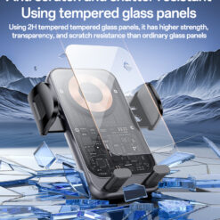 Suporte transparente para telemóvel com rotação de 360°, trava elétrica e carregamento rápido sem fio de 15W. - Image 3
