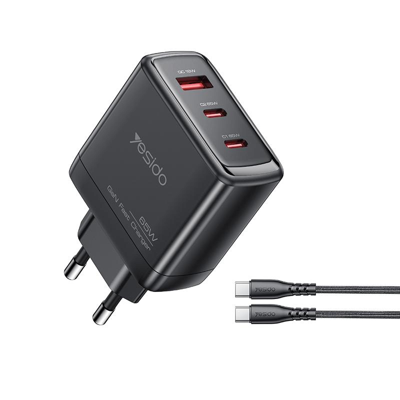 Carregador de rede com cabo USB-C Yesido YC144C, 65 W, 3,25 A, 1 x USB-A - 2 x USB-C, preto