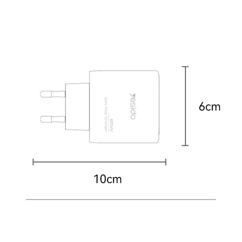 Carregador de rede com cabo USB-C Yesido 65W, 3,25 A, 1 x USB-A - 2 x USB-C, preto - Image 2