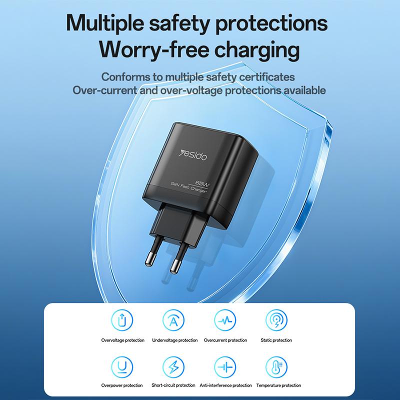 Carregador de rede com cabo USB-C Yesido 65W, 3,25 A, 1 x USB-A - 2 x USB-C, preto - Image 11