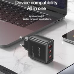 Carregador de rede com cabo USB-C Yesido 65W, 3,25 A, 1 x USB-A - 2 x USB-C, preto - Image 12