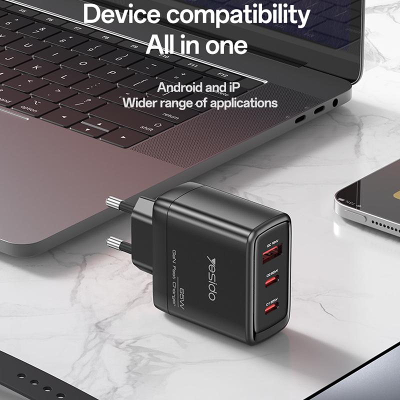 Carregador de rede com cabo USB-C Yesido 65W, 3,25 A, 1 x USB-A - 2 x USB-C, preto - Image 12
