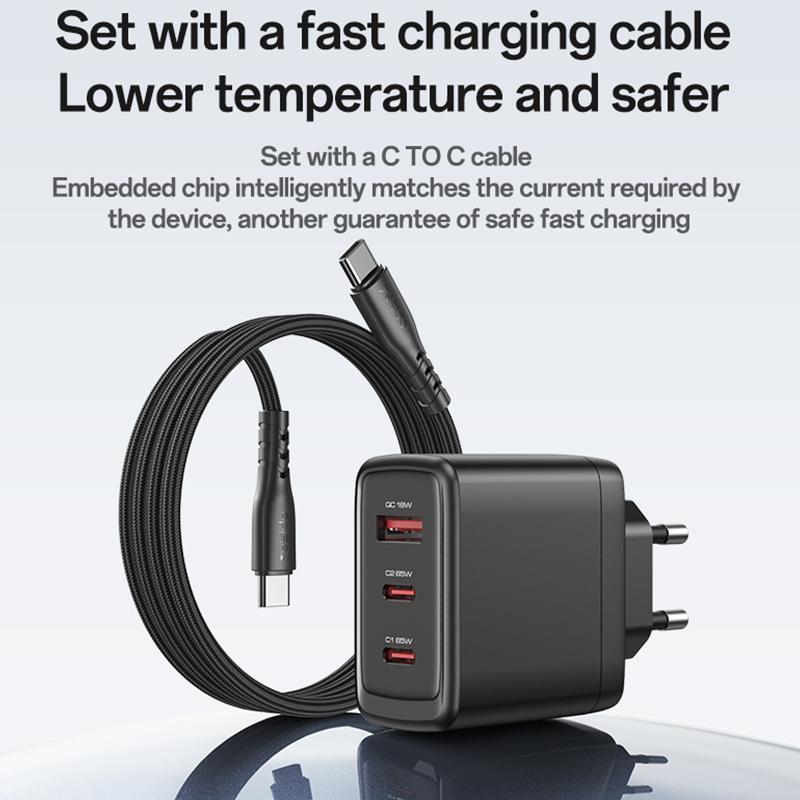 Carregador de rede com cabo USB-C Yesido 65W, 3,25 A, 1 x USB-A - 2 x USB-C, preto - Image 13