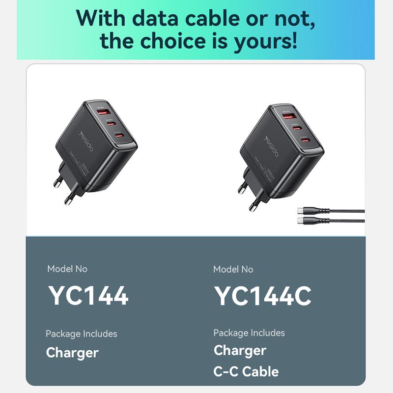 Carregador de rede com cabo USB-C Yesido 65W, 3,25 A, 1 x USB-A - 2 x USB-C, preto - Image 14