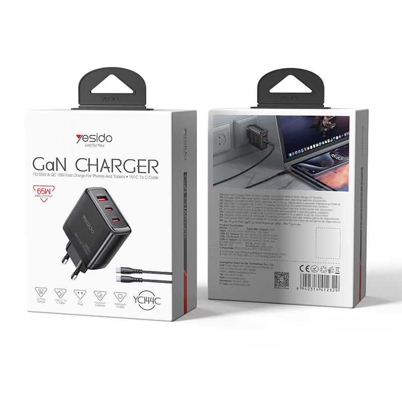 Carregador de rede com cabo USB-C Yesido YC144C, 65 W, 3,25 A, 1 x USB-A - 2 x USB-C, preto loja de luanda