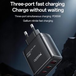 Carregador de rede com cabo USB-C Yesido 65W, 3,25 A, 1 x USB-A - 2 x USB-C, preto - Image 3