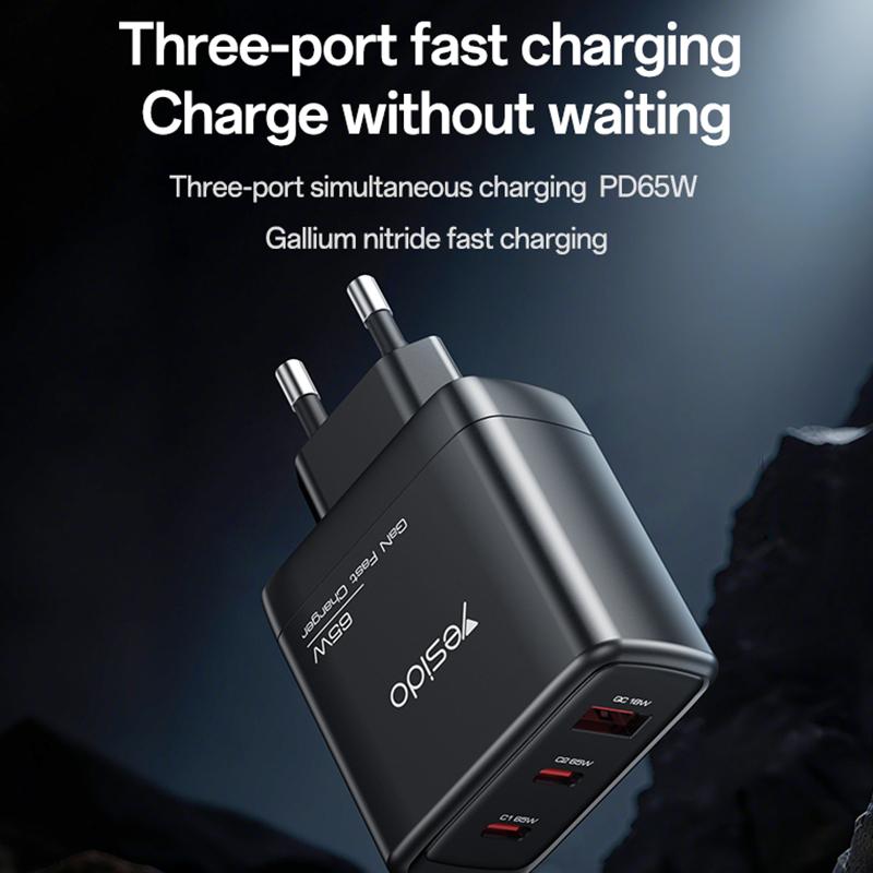 Carregador de rede com cabo USB-C Yesido 65W, 3,25 A, 1 x USB-A - 2 x USB-C, preto - Image 3