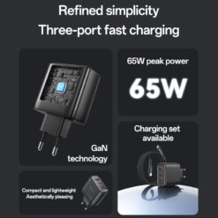 Carregador de rede com cabo USB-C Yesido 65W, 3,25 A, 1 x USB-A - 2 x USB-C, preto - Image 4