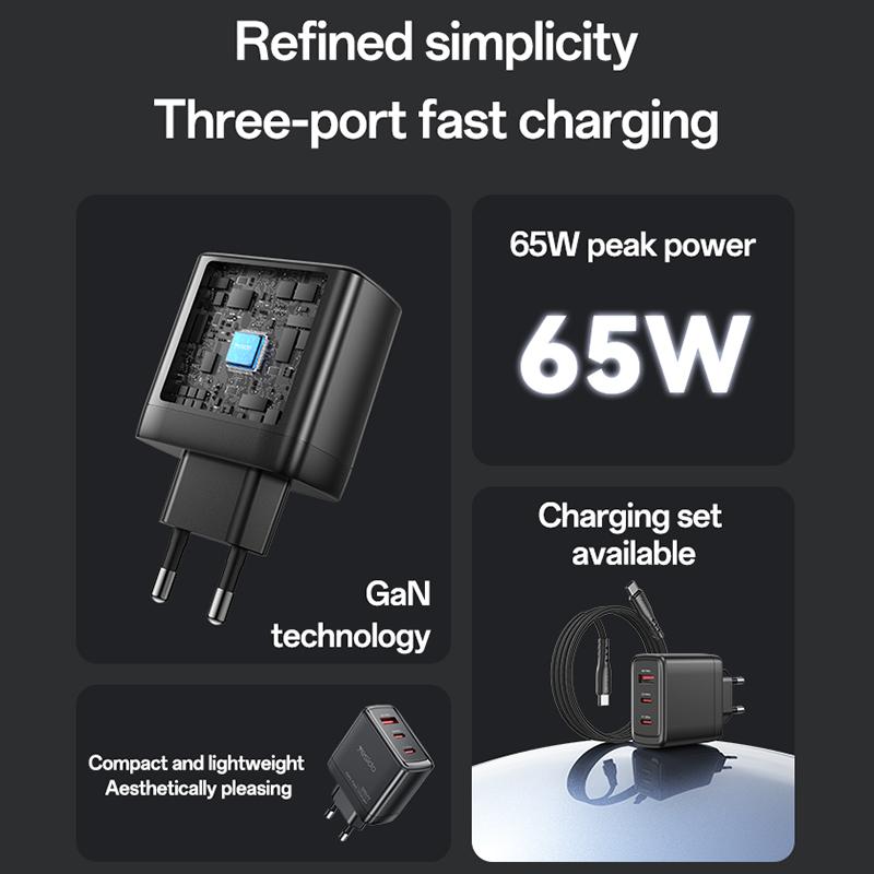 Carregador de rede com cabo USB-C Yesido 65W, 3,25 A, 1 x USB-A - 2 x USB-C, preto - Image 4
