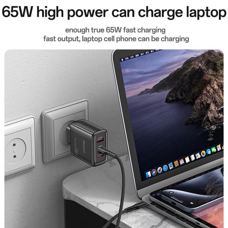 Carregador de rede com cabo USB-C Yesido 65W, 3,25 A, 1 x USB-A - 2 x USB-C, preto - Image 6