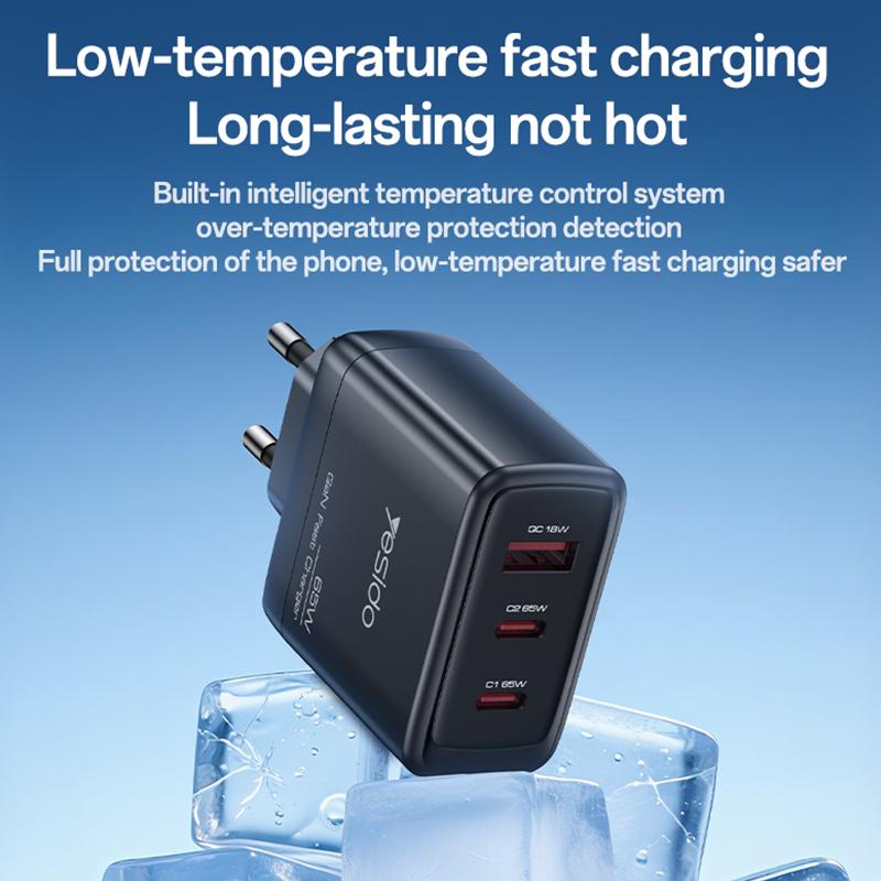 Carregador de rede com cabo USB-C Yesido 65W, 3,25 A, 1 x USB-A - 2 x USB-C, preto - Image 7