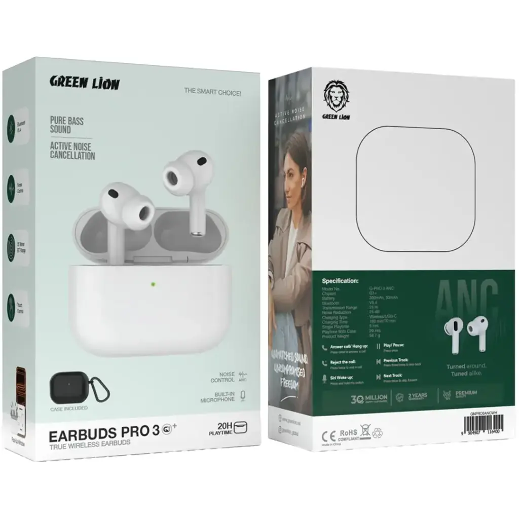 Auriculares Bluetooth Earbuds Pro 3 com Cancelamento de ruido Green Lion - Branco - Image 3