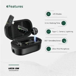 Microfone sem fio Green Lion GM-85X 3 em 1 visor LED 6h entrada USB-C/Lightning/receptor para câmera, redução de ruído - Image 3