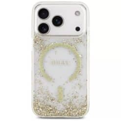 Capa MagSafe Guess com glitter na parte inferior em resina para iPhone 17 Pro dourada (GUHMP17LRGRGED)