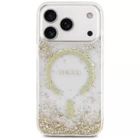 Capa MagSafe Guess com glitter na parte inferior em resina para iPhone 17 Pro dourada (GUHMP17LRGRGED)