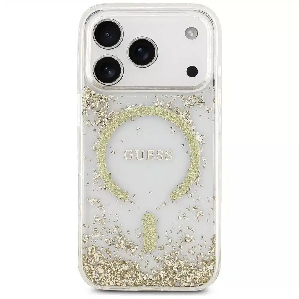 Capa MagSafe Guess com glitter na parte inferior em resina para iPhone 17 Pro dourada (GUHMP17LRGRGED)