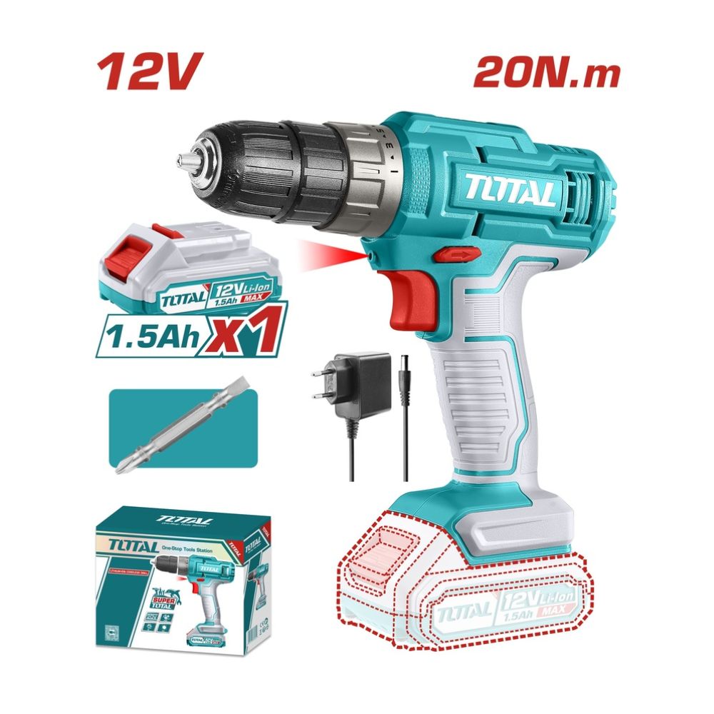 Furadeira sem fio TOTAL Li-ion 12V / 1,5Ah / 20Nm