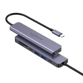 Hub Porodo Blue 7 em 1 com HDMI, 2x USB-A, 2x USB-C, SD e MicroSD.