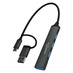 Hub USB multiportas 4 em 1 Porodo Blue com conectores USB-A e USB-C - Cinza