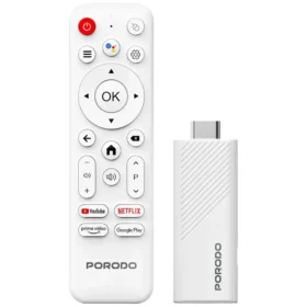 Porodo 4k Android Smart Streaming TV Stick com Google Assistant e Controle por Voz - Branco