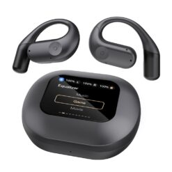 Fones de ouvido Powerology Air Conduction ENC TWS e estojo de carregamento com visor digital, Bluetooth versão 5.3, tela de 2,01", tempo de recarga de 2 horas, bateria de 600 mAh, preto | PWLAU007