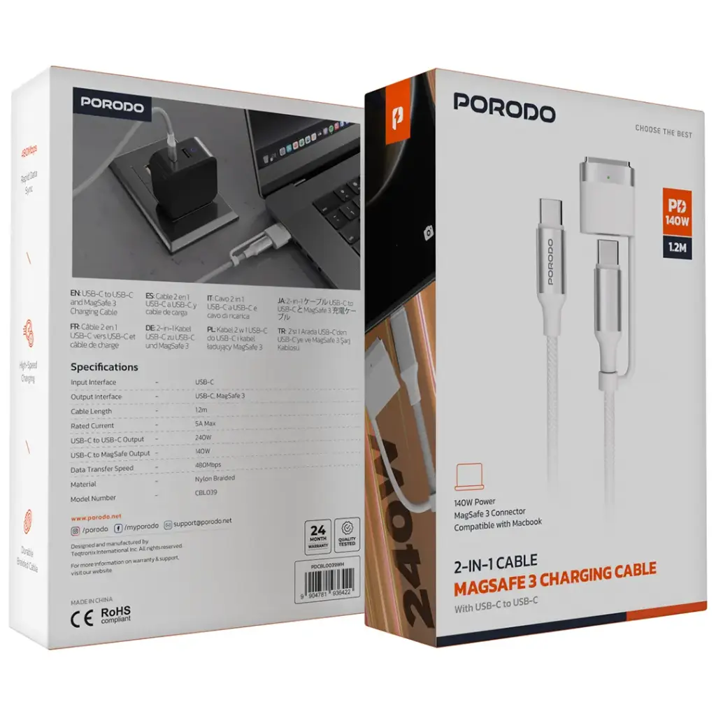 Cabo de carregamento MagSafe 3 2 em 1 Porodo com USB-C para USB-C - Branco - Image 2