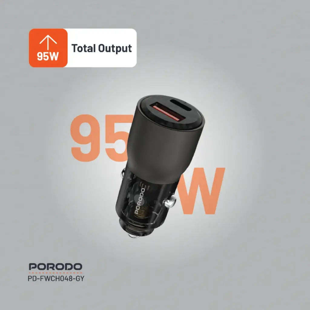 Carregador veicular Porodo 95W transparente com carregamento PD para múltiplos dispositivos.