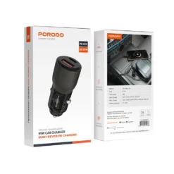 Carregador veicular Porodo 95W transparente com carregamento PD para múltiplos dispositivos.