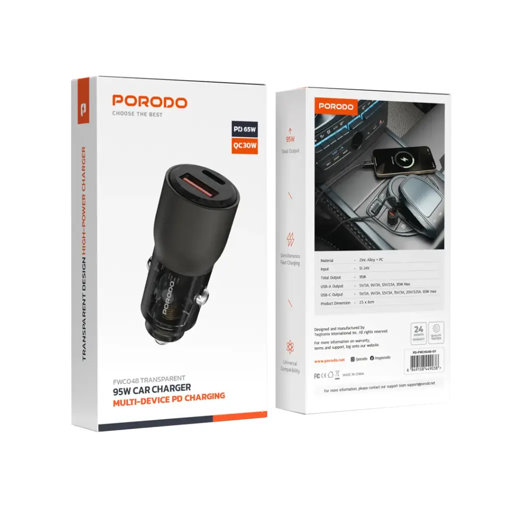 Carregador veicular Porodo 95W transparente com carregamento PD para múltiplos dispositivos.