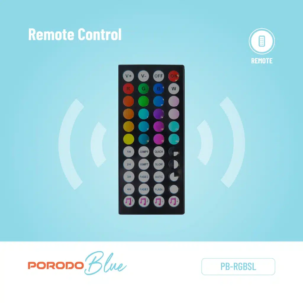 Fita de LED RGB Porodo Blue de 5 metros com sensor de som e controle remoto de 44 teclas. - Image 8