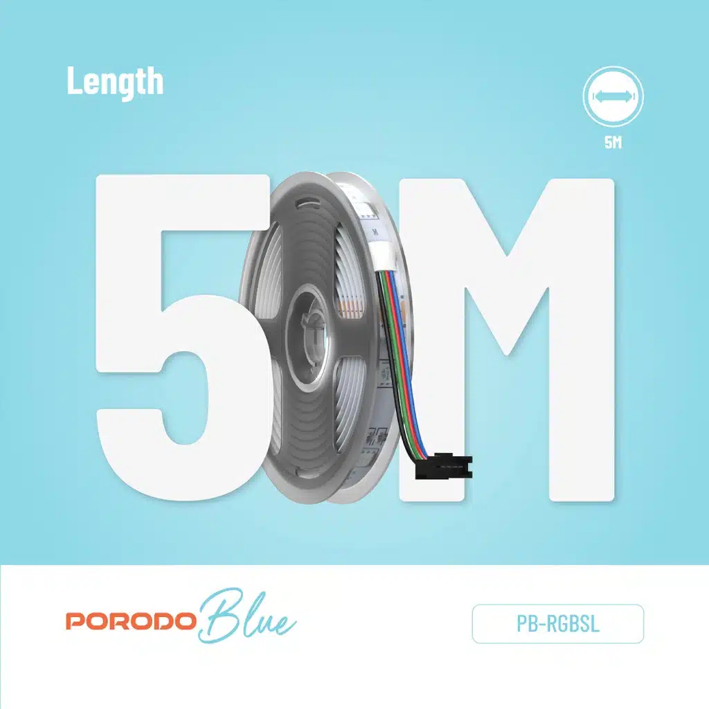 Fita de LED RGB Porodo Blue de 5 metros com sensor de som e controle remoto de 44 teclas. - Image 10