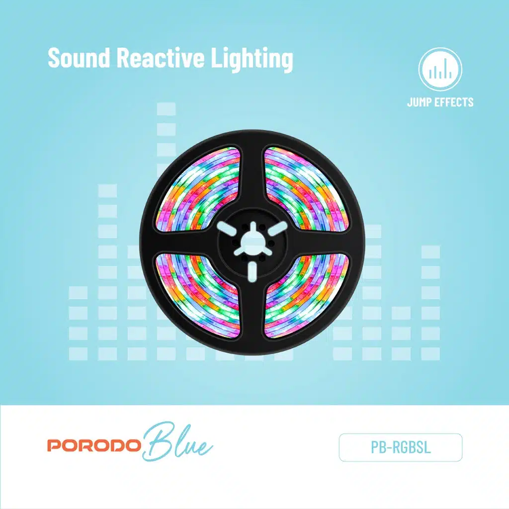 Fita de LED RGB Porodo Blue de 5 metros com sensor de som e controle remoto de 44 teclas. - Image 11
