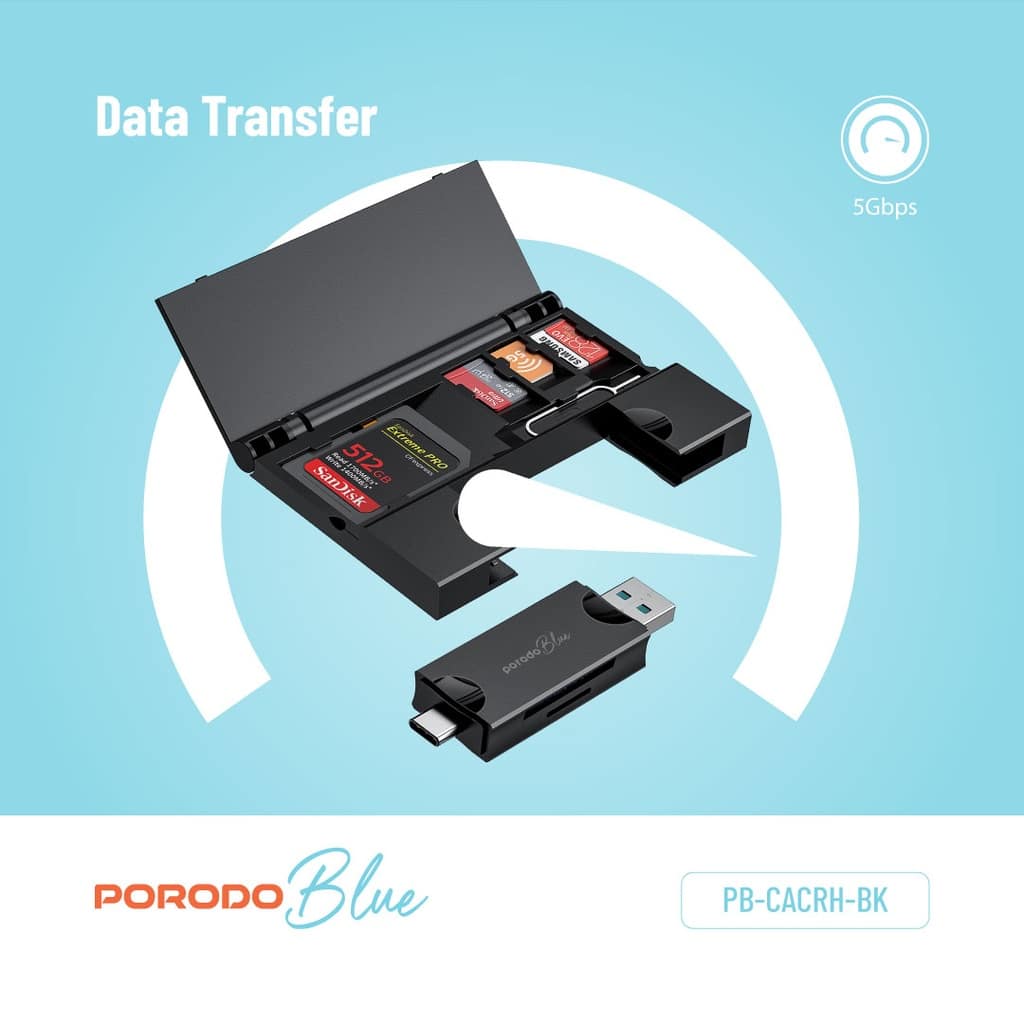 Leitor de cartões 2 em 1 Porodo Blue com suporte para cartões - Image 3