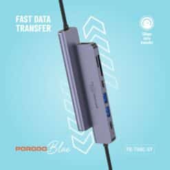 Hub Porodo Blue 7 em 1 com HDMI, 2x USB-A, 2x USB-C, SD e MicroSD.
