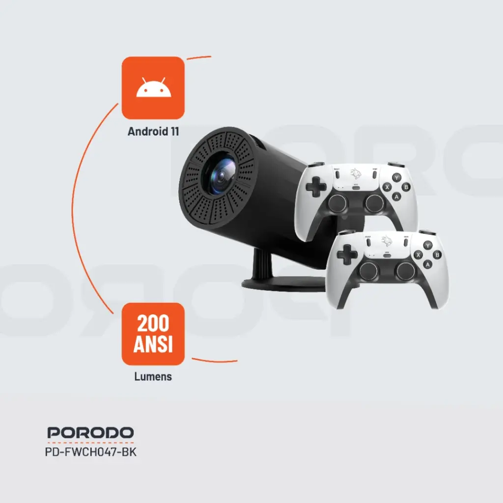 Projetor Gaming com mais de 2000 jogos e Wifi Dual band Porodo com controles - Preto - Image 9