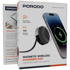 Base de carregamento sem fio magnética Porodo com saída Type-C retrátil - Preta - Image 3