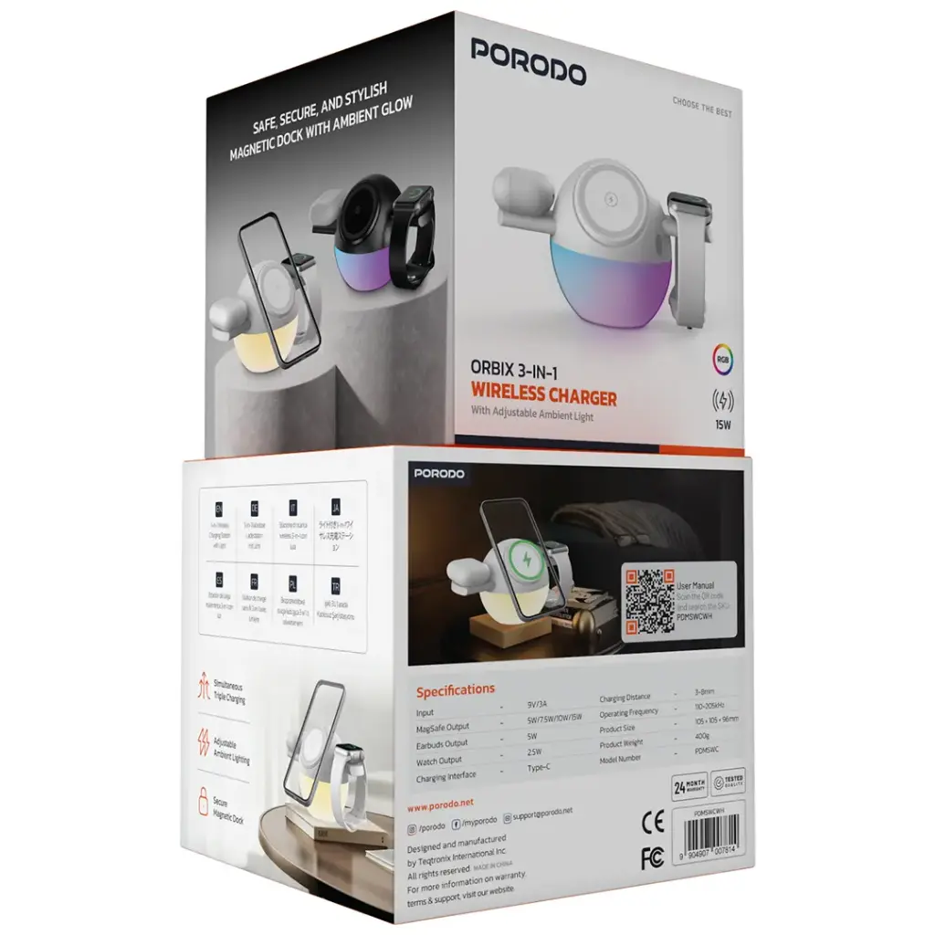 Carregador sem fio 3 em 1 Porodo Orbix com luz ambiente ajustável - Branco - Image 2