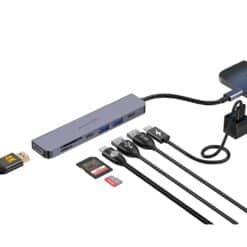 Hub Porodo Blue 7 em 1 com HDMI, 2x USB-A, 2x USB-C, SD e MicroSD.