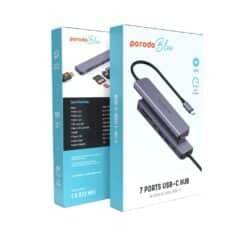 Hub Porodo Blue 7 em 1 com HDMI, 2x USB-A, 2x USB-C, SD e MicroSD.
