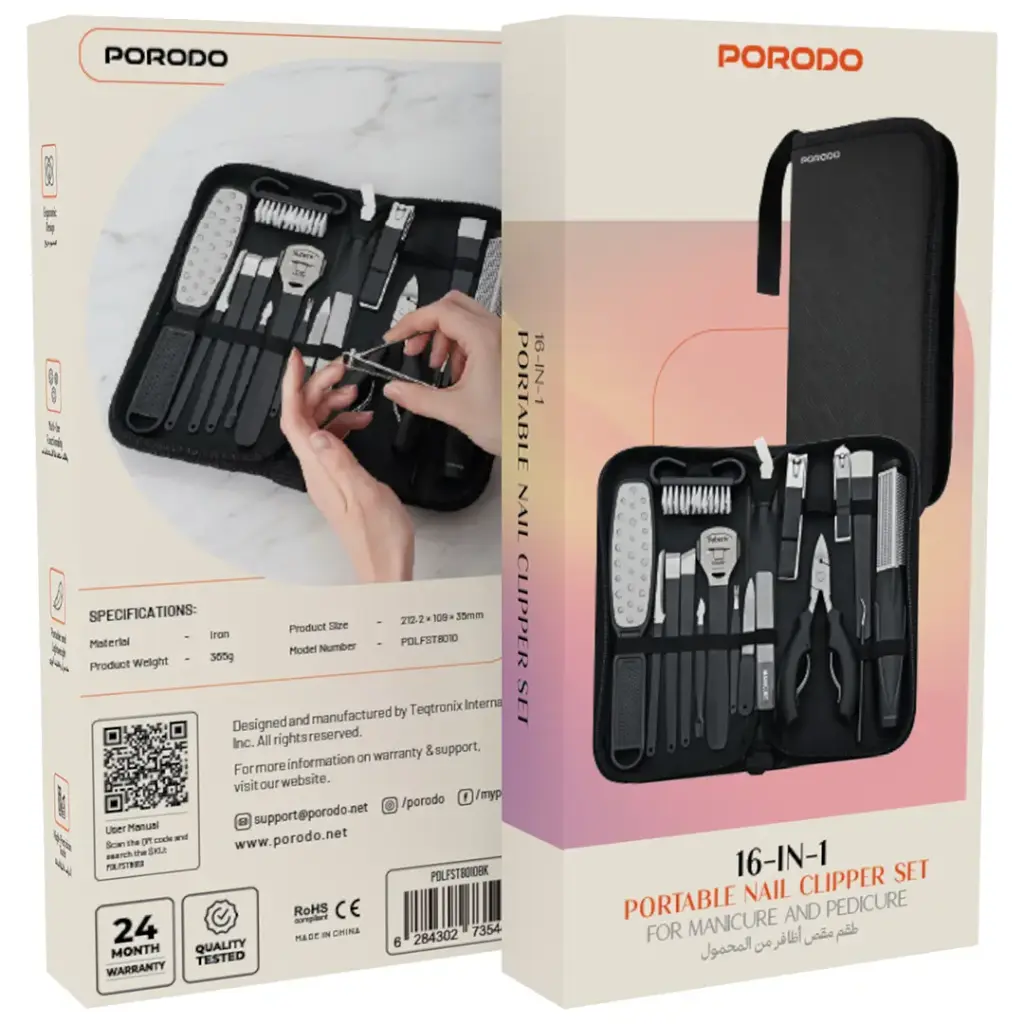 Conjunto de Cortadores de Unhas Portáteis Porodo 16 em 1 para Manicure e Pedicure