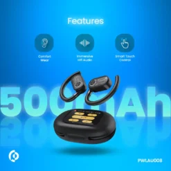 Fones de ouvido Powerology ENC TWS com condução aérea e estojo de carregamento com visor, 40mAh - Preto