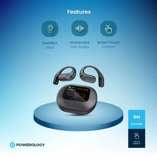 Auriculares Bluetooth Air Conduction ENC TWS e estojo de carregamento com visor, bateria de 60mAh Powerology - Preto - Image 5