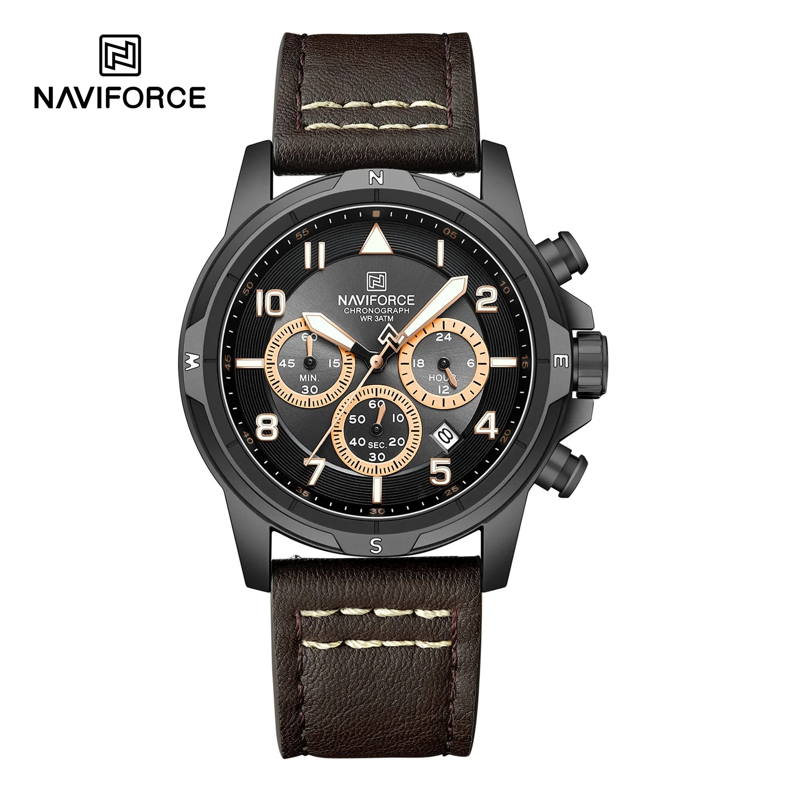 Relógio Masculino com Cronógrafo, Múltiplos Mostradores com Pulseira de Couro NF8077 - Castanho (Original) - Image 2