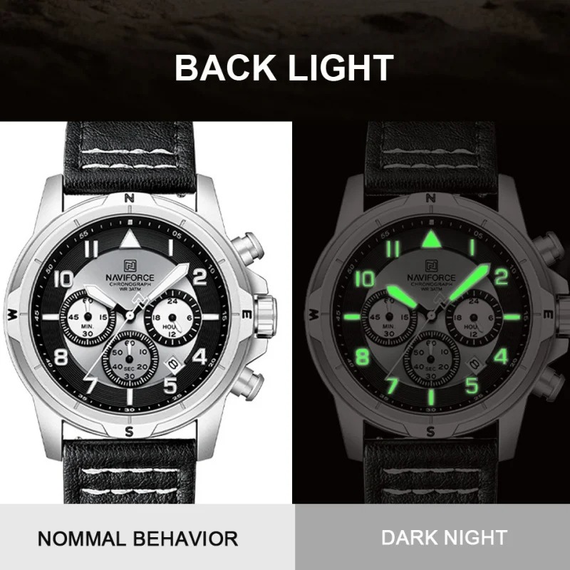 Relógio Masculino com Cronógrafo, Múltiplos Mostradores com Pulseira de Couro NF8077 - Preto (Original) - Image 8