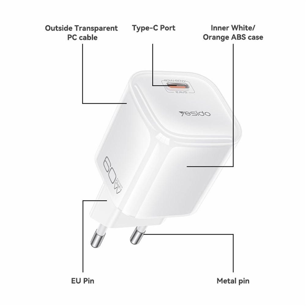 Carregador USB C Gan YC117 de 60W com cabo USB C Yesido - Laranja - Imagem 5