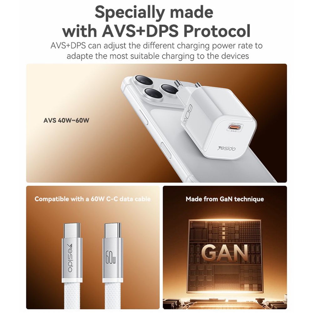 Carregador USB C Gan YC117 de 60W com cabo USB C Yesido - Laranja - Imagem 7