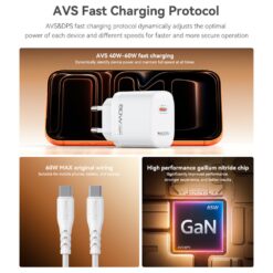 Alternative view of Carregador USB-C GaN 40-60W Adaptador de Energia Dinâmica AVS com Cabo Tipo-C para Tipo-C YESIDO - Branco