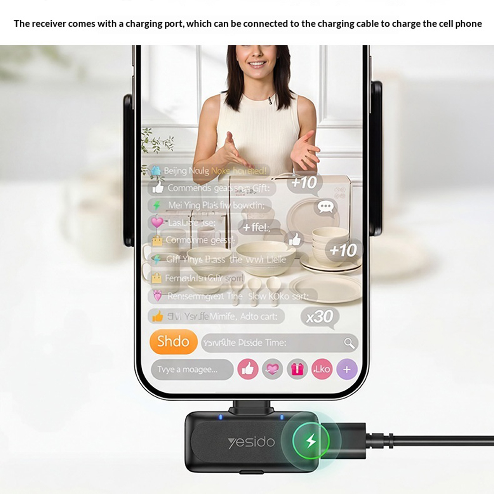 Microfone Sem Fios Lapela Tipo-C Plug Oculto com Cancelamento de Ruído AI, 2 Mic + 1 Receptor YESIDO KR25 - Preto - Image 11