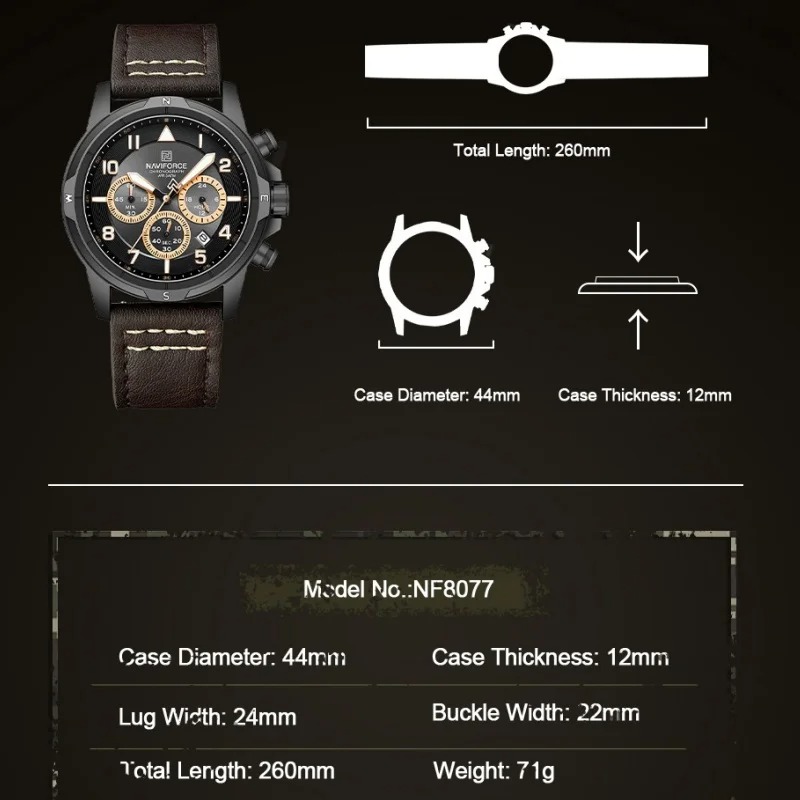 Relógio Masculino com Cronógrafo, Múltiplos Mostradores com Pulseira de Couro NF8077 - Castanho (Original) - Image 3
